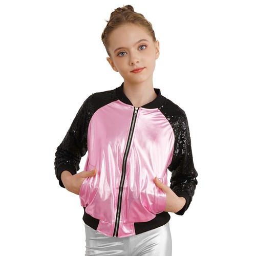Girls Jazz Dance Disco Costume Zip Up Metallic Bomber Jacket Coat Halloween - Picture 111 of 121