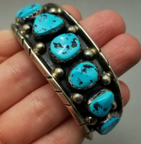 Vintage Milton Lasiloo Native American Zuni Sterling Silver Turquoise Bangle - Picture 2 of 9