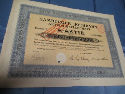 historisches Dokument von 1922 , Aktie , Hamburger Hochbahn AG , Großformat # 84