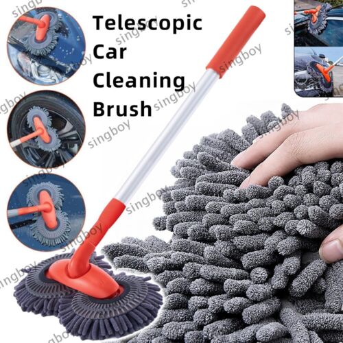 ROTATING DOUBLE BRUSH HEAD TELESCOPIC CAR CLEANING BRUSH MICROFIBER MOP WASH KIT - Picture 3 of 36