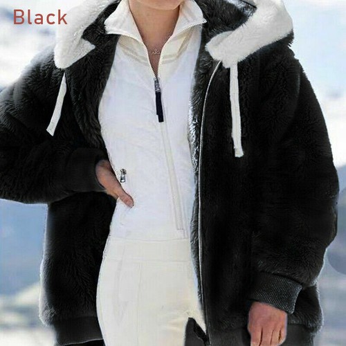 Women's Winter Warm Loose Plush Plain Color Zipper Hooded Jacket Coat Plus - Picture 7 of 11