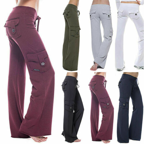 Women Elastic Waist Drawstring Cargo Pockets Wide Leg Yoga PantsTrousers CasualЙ - Picture 1 of 15