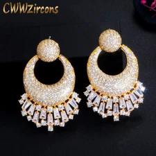 18k Indian Gold Zircon Bridal Prom Costume Big Long Round Dangling Drop Earrings