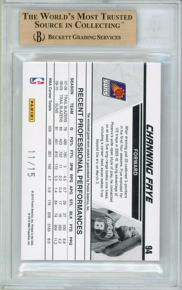 POP 1: Channing Frye BGS 9.5: 2010-11 Donruss Troquelado Materiales Prime Gisto/15 Foto 2 de 3