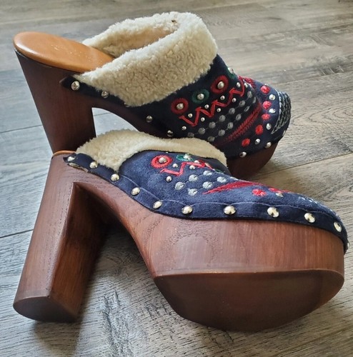 Miss Albright Terrestrial Clog Heels Embroidered Blue EU 36 US 6 Anthropologie - Picture 6 of 9