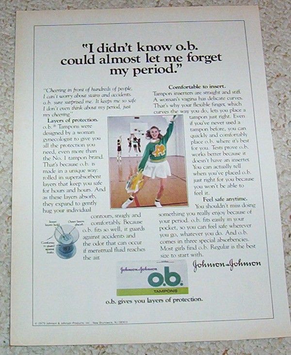 1980 ad page OB feminine protection Tampons Cheerleader Girl vintage