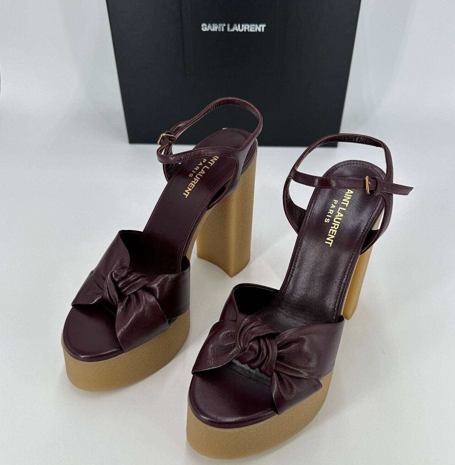 Sandali Saint Laurent Bianca Node tacco alto plateau tg 38 5 EU 8 5 US rosso vino