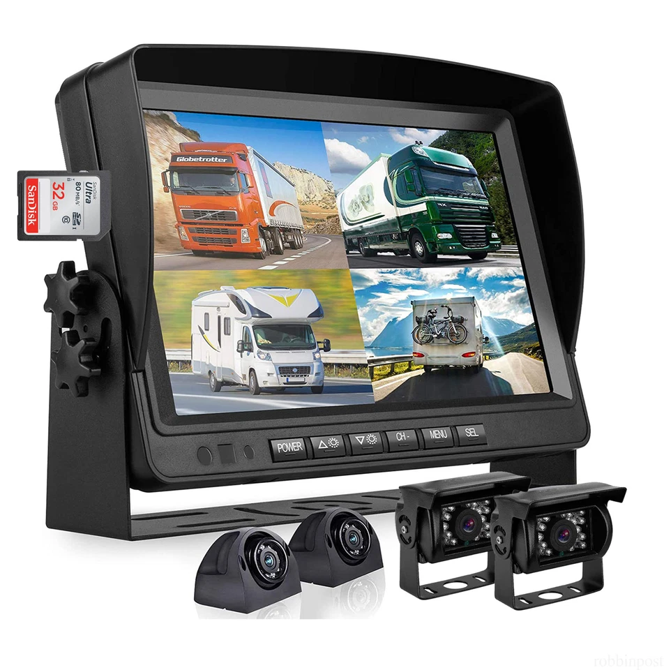 9" Quad Monitor DVR Video Recorder + 4x Side Rear View Backup Camera For Truck - Image 2 of 4