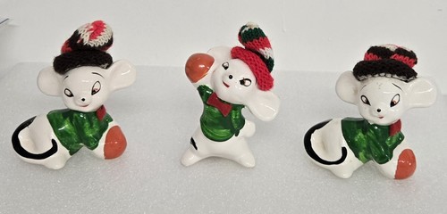 3 Vintage 80's Ucagco Taiwan Christmas Mouse With Knit Cap Figurine Holiday Mice - Picture 6 of 9