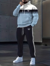 Men'S Plus Size Casual Hoodie and Sweatpants Set - Red, Blue, and White Striped