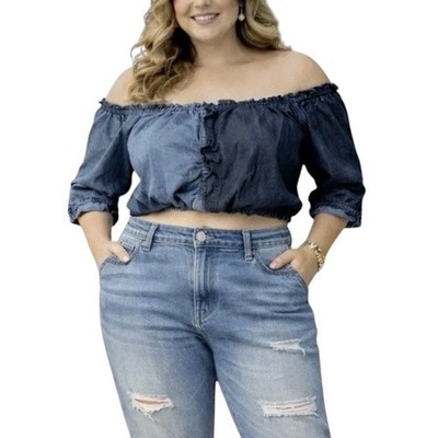 Ashley Stewart Off Shoulder Denim Chambray Frayed Edge Two Toned Crop Top 22/24