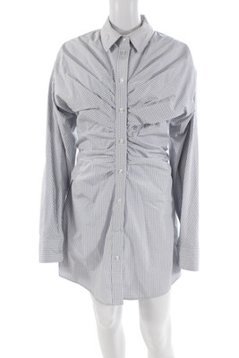Alexander Wang Womens Button Front Collared Plaid Shirt Dress White Blue Size 8