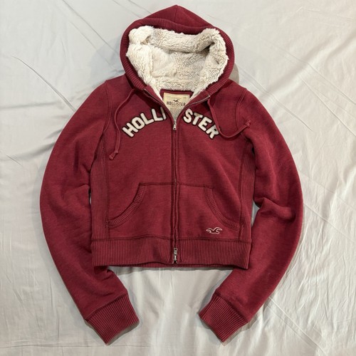 Y2K Hollister Hoodie mit Kunstfellfutter und durchgehendem Reißverschluss Damen Gr. L Spellout Sherpa - Bild 1 von 11