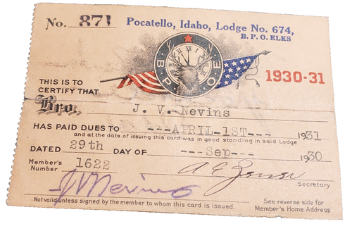 Pocatello Idaho Elks Lodge No 674 BPOE Member Dues Card 1930 1931 Jack Nevins - Picture 2 of 4