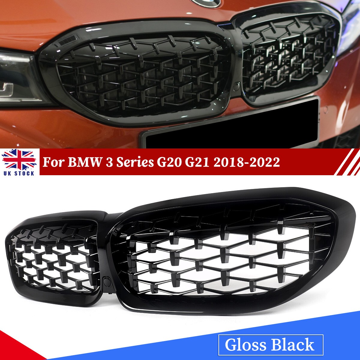 Diamond Style Sport Kidney Grille Gloss Black For BMW 3 Series G20 G21 2018-2022