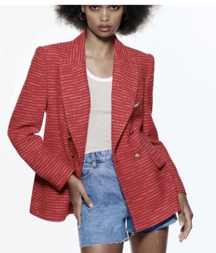 Zara Red Boucle Blazer Double Breasted Brand New Size L Large Gold Buttons - Picture 20 of 23
