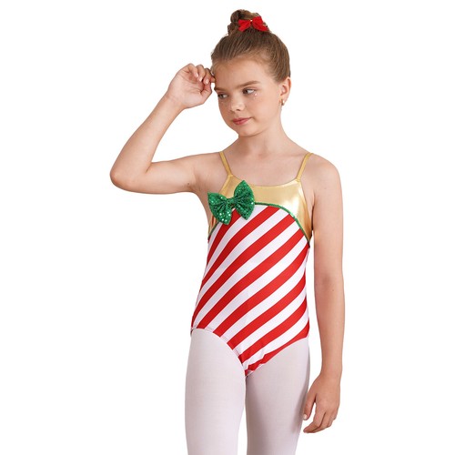 Kid Girls Christmas Dance Costumes Candy Cane Striped Leotard Bodysuit Dancewear - Picture 15 of 32