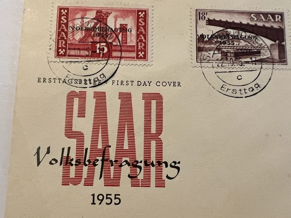 1955 VOLKSBEFRAGUNG SAAR FDC COVER OVERPRINT STAMPS SAARBRUCKEN GERMANY - Image 3 of 4