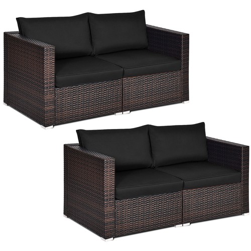 Patiojoy 4PCS Patio Rattan Corner Sofa Sectional Furniture Set Black Cushion