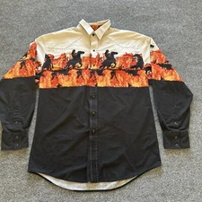 Vintage Roper Shirt Mens L Black Western Cowboy Rock Country Rodeo Horses Flames