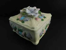 Lovely Porcelain Lidded Trinket Box Featuring Yellow/Purple /Pink Flowers 1970s