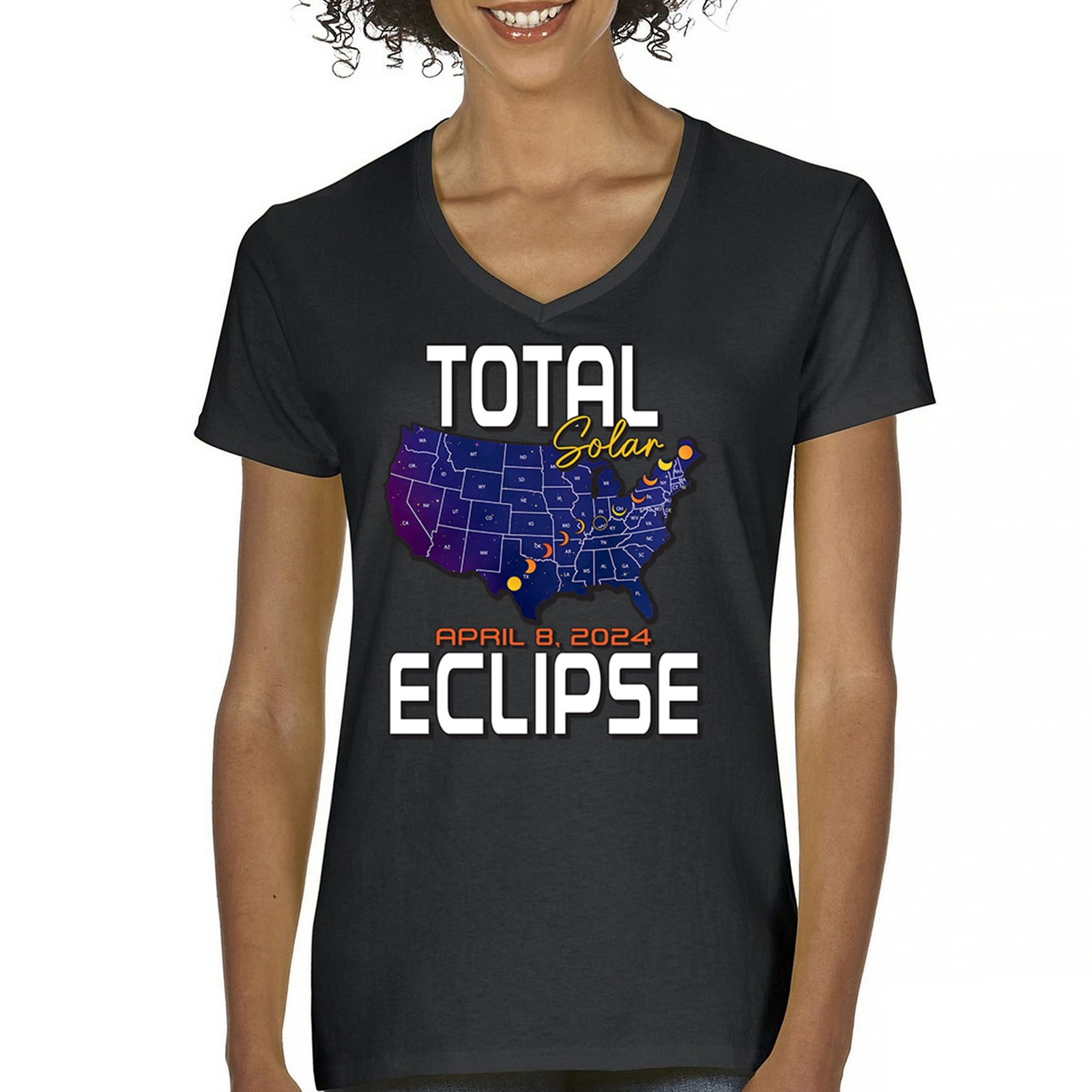 ALTRA Orologio Total Solar Eclipse Map T shirt Donna Collo a V 8 Aprile 2024 Maglietta Festa