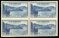 Scott 761, the 1935 6¢ Crater Lake National Park Issue, Vertical Line Block of 4