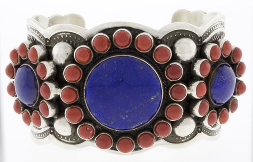 Natural Lapis & Mediterranean Coral Bracelet By Navajo Artist Darrell Cadman - Picture 2 of 5