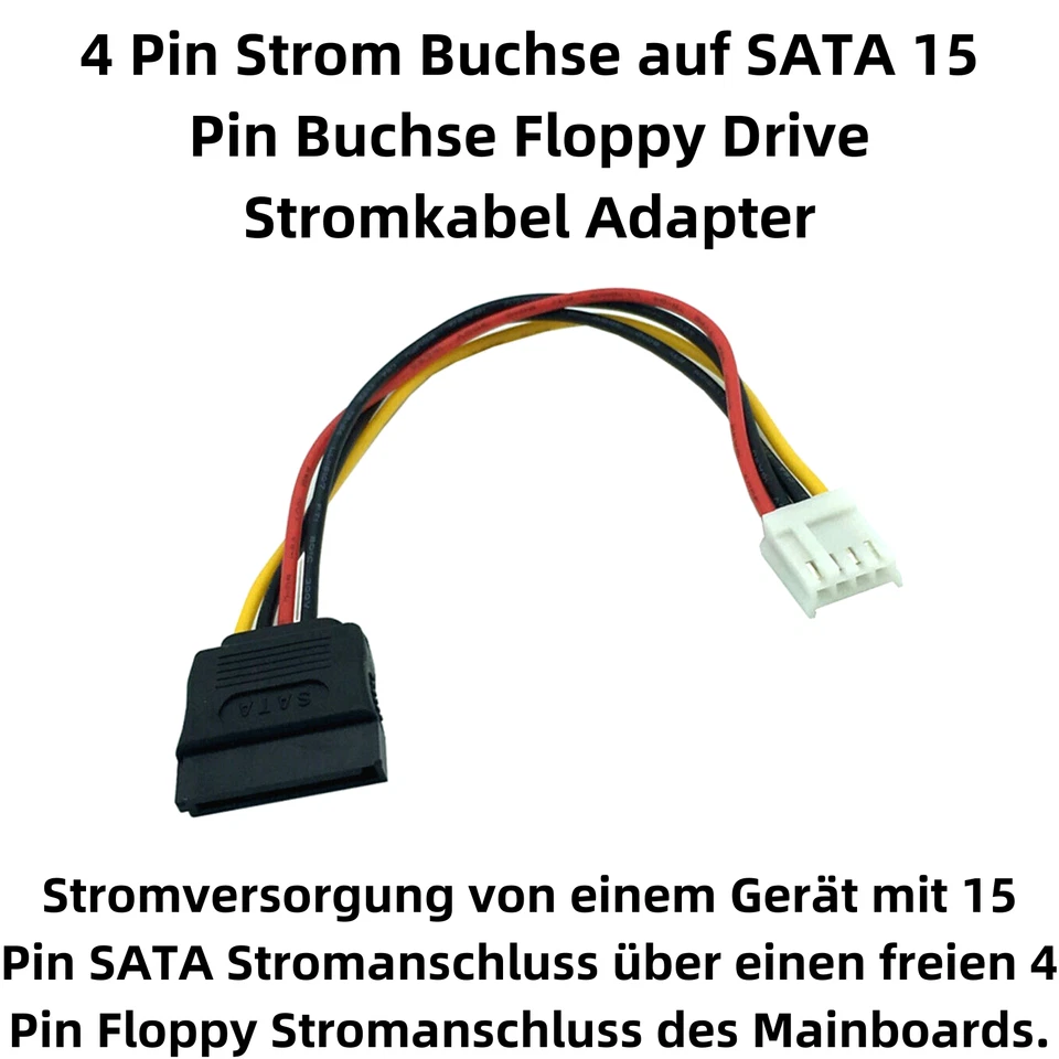F54 Stromkabel Adapter Floppy 4pin Strom Power Buchse auf SATA 15pin Buchse 18cm - Bild 2 von 4
