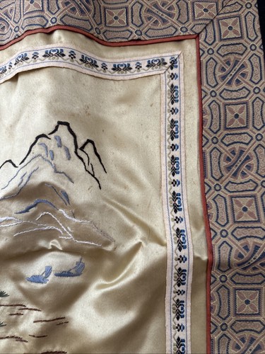 Vtg Chinese Hand Embroidered Small Silk Panel Landscape W/ Mtns - Picture 4 of 9