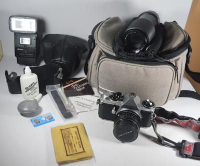 Pentax ME Super 35mm SLR Camera Kit W/ 2 Lenses, Flash, Carry Case, Accessories