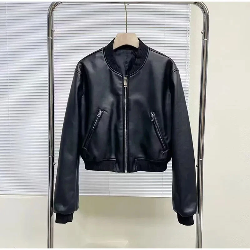 Women Bomber Jacket Cropped New Leather Short Female Stand