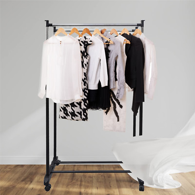 Double Rod Portable Clothing Hanging Garment Rack Lockable Wheels Mobile