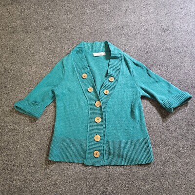 Willow Cardigan Sweater Womens Large Green Knit Sun Buttons 3/4 Sleeve Casual