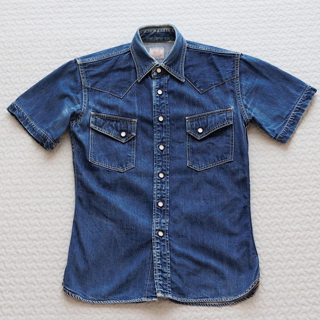 THE FLAT HEAD Denim Dungaree Shirt Indigo Cotton Size 36 Used From Japan