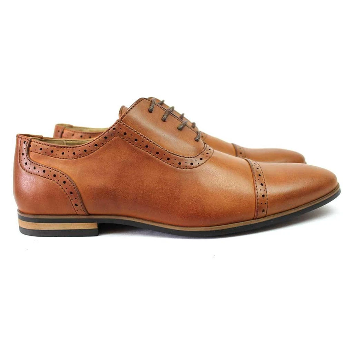 Men s Cognac Brown Cap Toe Detailed Formal Dress Shoes Oxfords Lace Up AZAR MAN