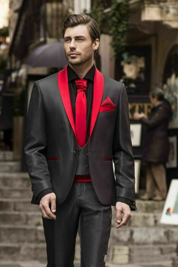 Black Mens Suits Red Shawl Lapel 2 Pcs Wedding Groomsmen Tuxedos Tailored  Fitted
