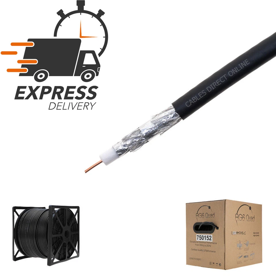 Cable coaxial a granel RG6 1000 FT escudo cuádruple 18 AWG negro coaxial TV vía satélite Foto 2 de 4