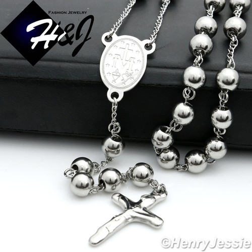 29+5"MEN Stainless Steel HEAVY 8mm Silver Beads Virgin Mary Rosary Necklace*RN10 - Picture 2 of 3