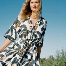 NWOT Desmond & Dempsey x H&M Linen-blend Boho Beachy Tropical Kaftan Dress, Size