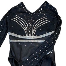 GK Elite Spectacular Shadows Gymnastics Competition Leotard Black Rhinestones CM