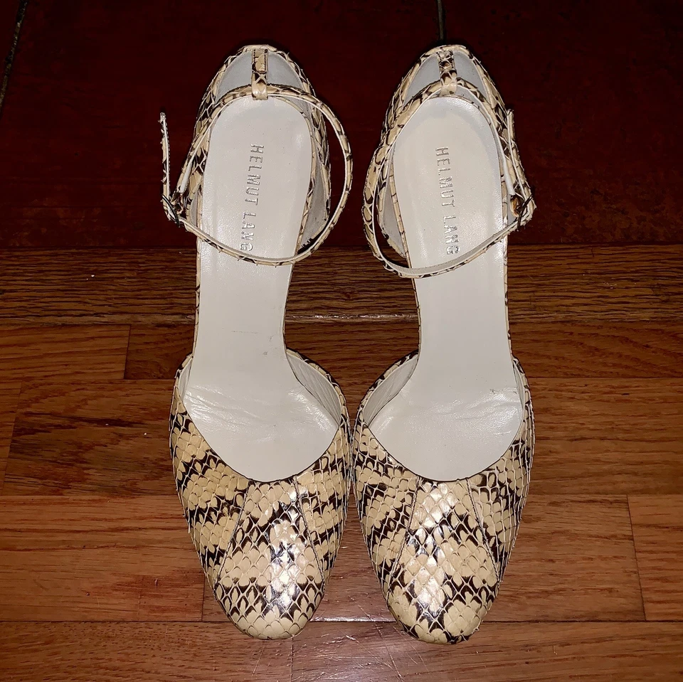$645 Helmut Lang Mujer’s 39.5 Beige Serpiente Cuero Plataforma Tobillo Correa Tacones 9.5 Foto 2 de 4