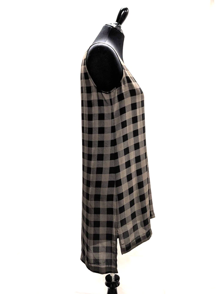 Camiseta sin mangas Eileen Fisher seda búfalo a cuadros XS túnica longitud negro oliva transparente Foto 4 de 4