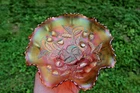 ANTIQUE NORTHWOOD STRAWBERRY CARNIVAL GLASS RUFFLED BOWL - MARIGOLD