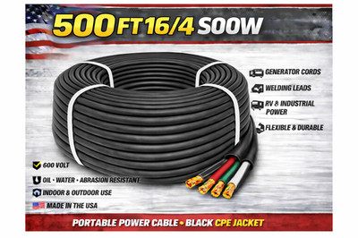 500 FT SOOW SO Cord 16/4 600V HD UL /CSA Indoor/Outdoor Portable Power Cable