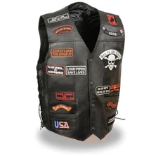 Premium Men’s Leather Motorcycle Vest Embroidered Patches Biker Snap Front Black