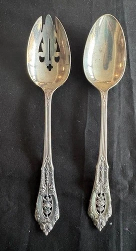 Two Large Wallace Rose Point Sterling Silver Tablespoons 8 3/8" w One Pierced