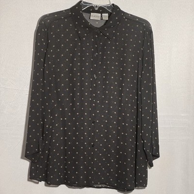 Chico's 100% Silk Blouse Size 3 Brown Beige Dot Button Front Long Sleeve Career
