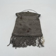 1920's Antique Metal Mesh Dresden Flapper Purse Handbag Art Deco Silver Fringe