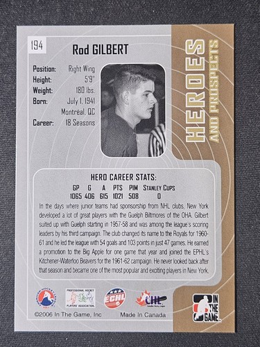 05-06 In The Game Rod Gilbert Heroes & Prospects 🚨🚨🚨 New York Rangers - Picture 2 of 2